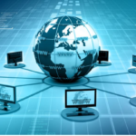 Diagram showing how the internet works, including routers, servers, DNS, and data transmission.