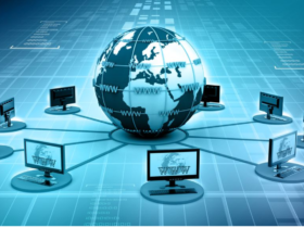 Diagram showing how the internet works, including routers, servers, DNS, and data transmission.