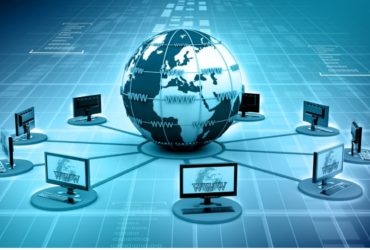 Diagram showing how the internet works, including routers, servers, DNS, and data transmission.